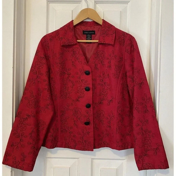 Anne Carson Silk Black Red Blazer Floral Embroidered Whimsigoth Rose Romantic - Picture 1 of 14